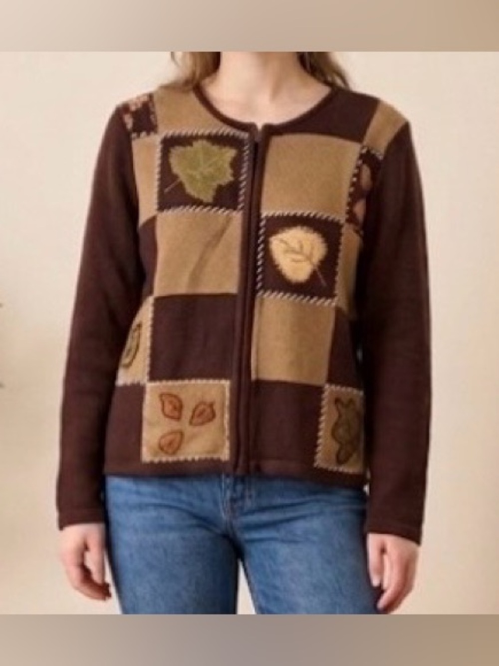 Joan Leslie VTG Petite Leaf Patchwork Zip-Up Cardigan Sweater, Ramie Cotton, Med